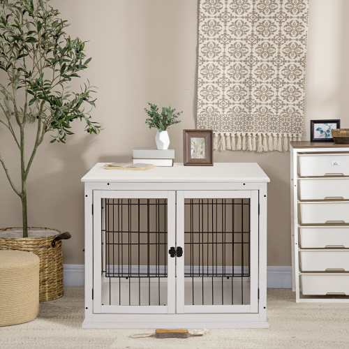 Small Pet Kennel End Table with Lockable Door - White, Multi-Use Furniture