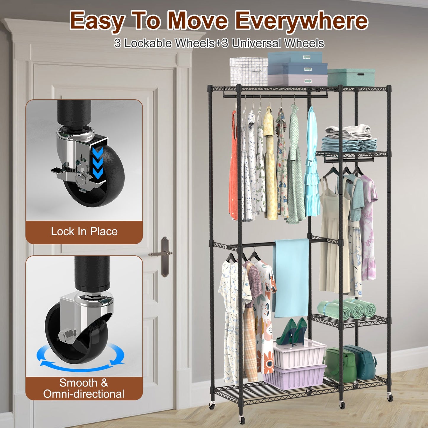 1Pc 4 Tier Heavy Duty Garment Rack With Wheels Carbon Steel Clothing