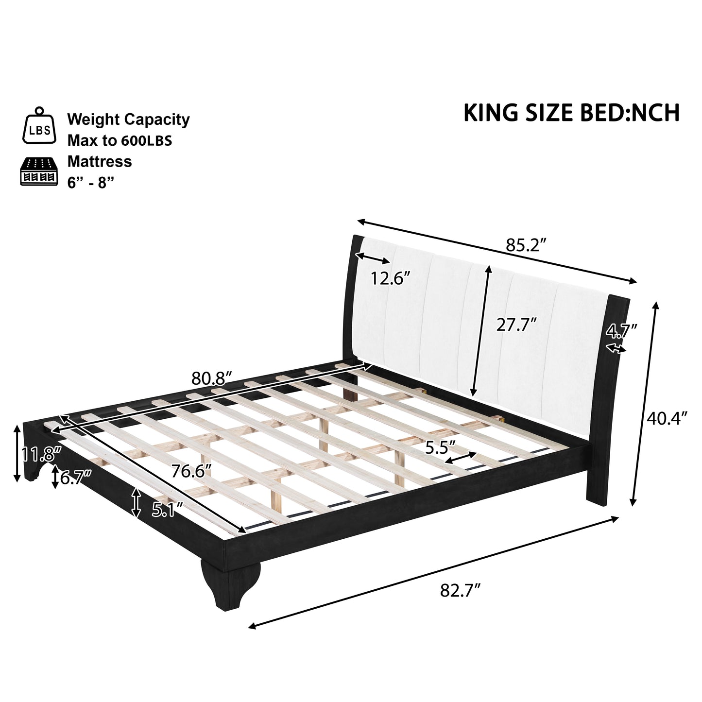 King Size Bed Frame - Black & White MDF Pine, No Box Spring
