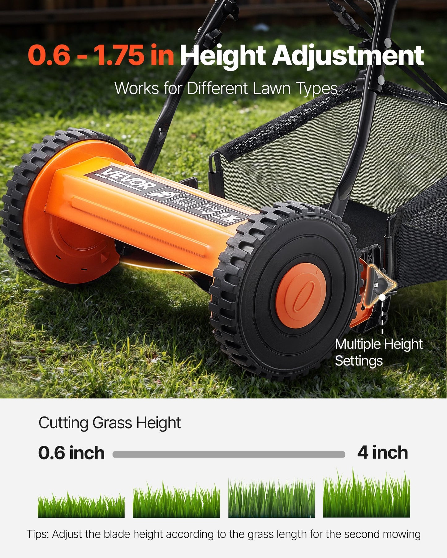 14-Inch Manual Push Reel Lawn Mower with 5-Blade, Adjustable Height, Multicolor