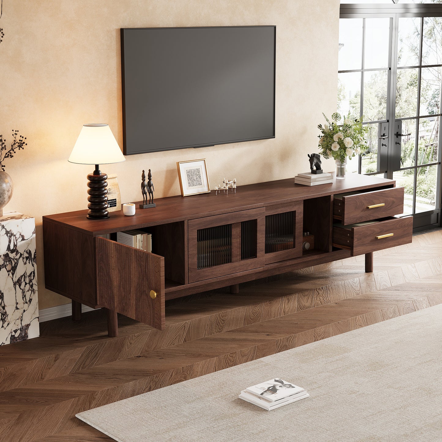 70-Inch Mid Century Modern TV Stand with Glass Sliding Doors
