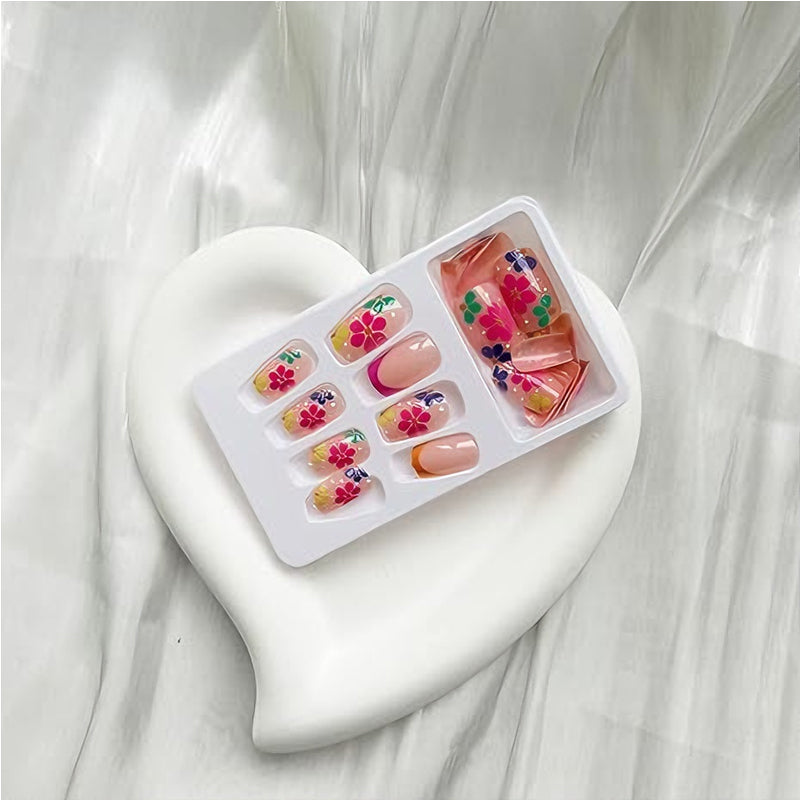 Short Square Press-On Nails with French Floral Designs - 24 Piece Set