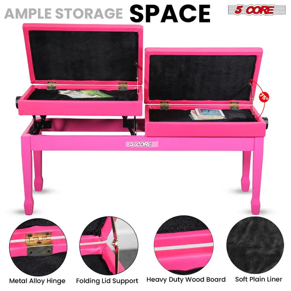 Padded Adjustable Piano Bench - 3.5 Inch Cushioned Stool with Storage - Cherry