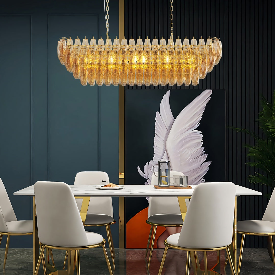 Large Gold Rectangle Chandelier - 12-Light Smoke Glass Fixture