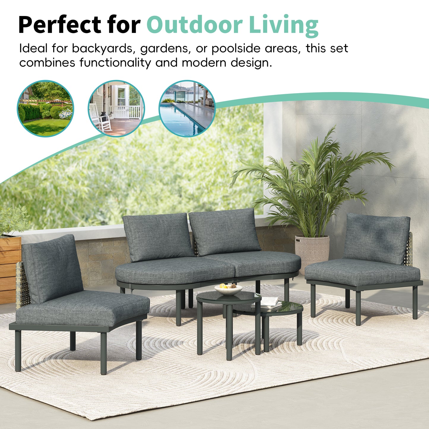 6-Piece Patio Sofa Set with Half Moon Sectional & Coffee Tables