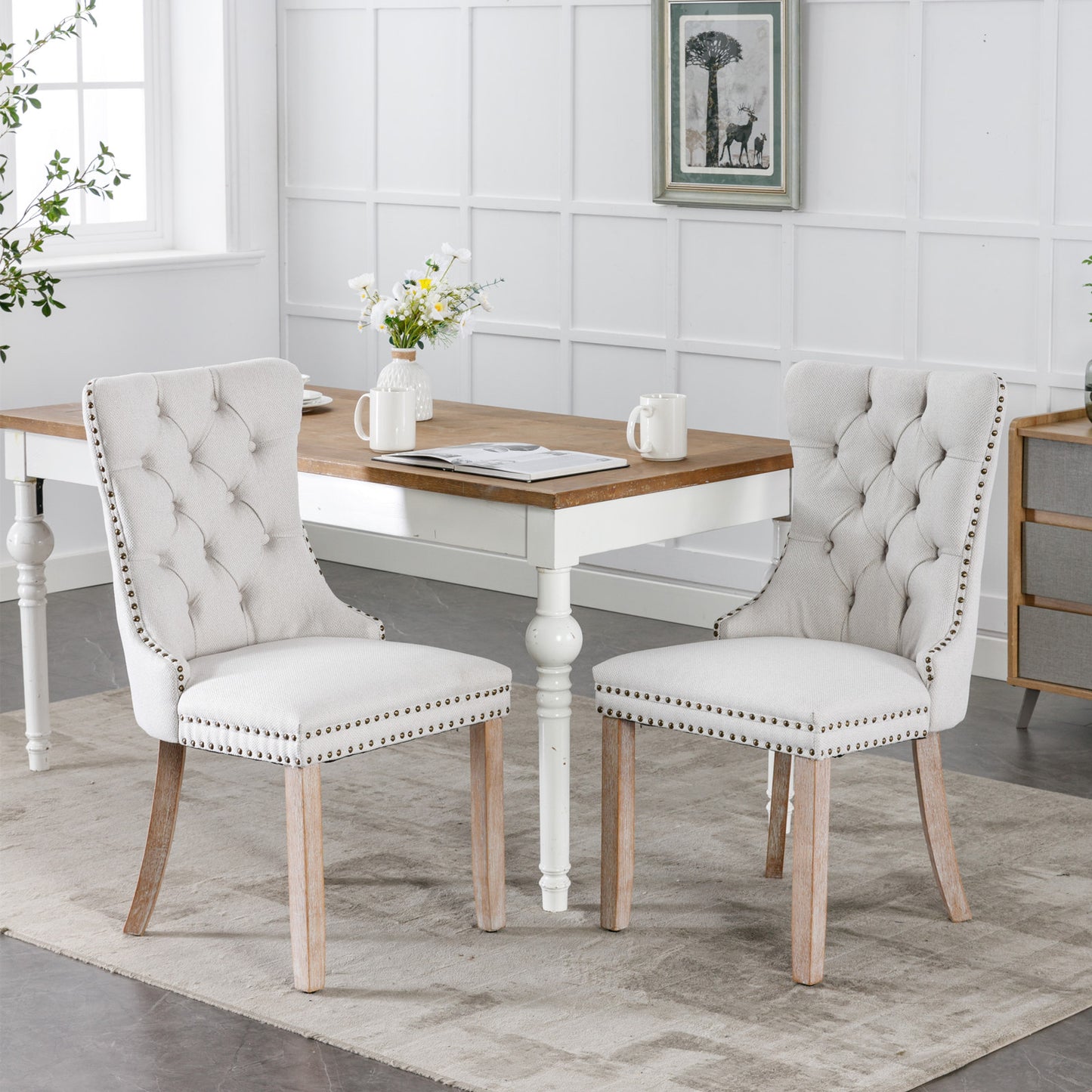 Modern Tufted Solid Wood Dining Chairs - 2-Piece Set, Beige