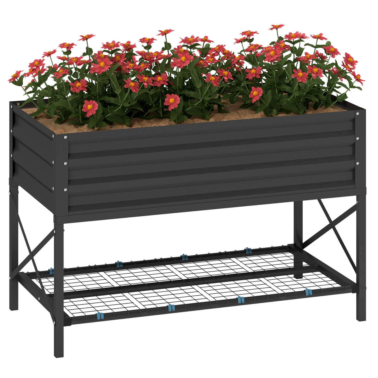 Galvanized Raised Garden Bed with Legs and Storage Shelf - Dark Gray, 1180x360x95mm