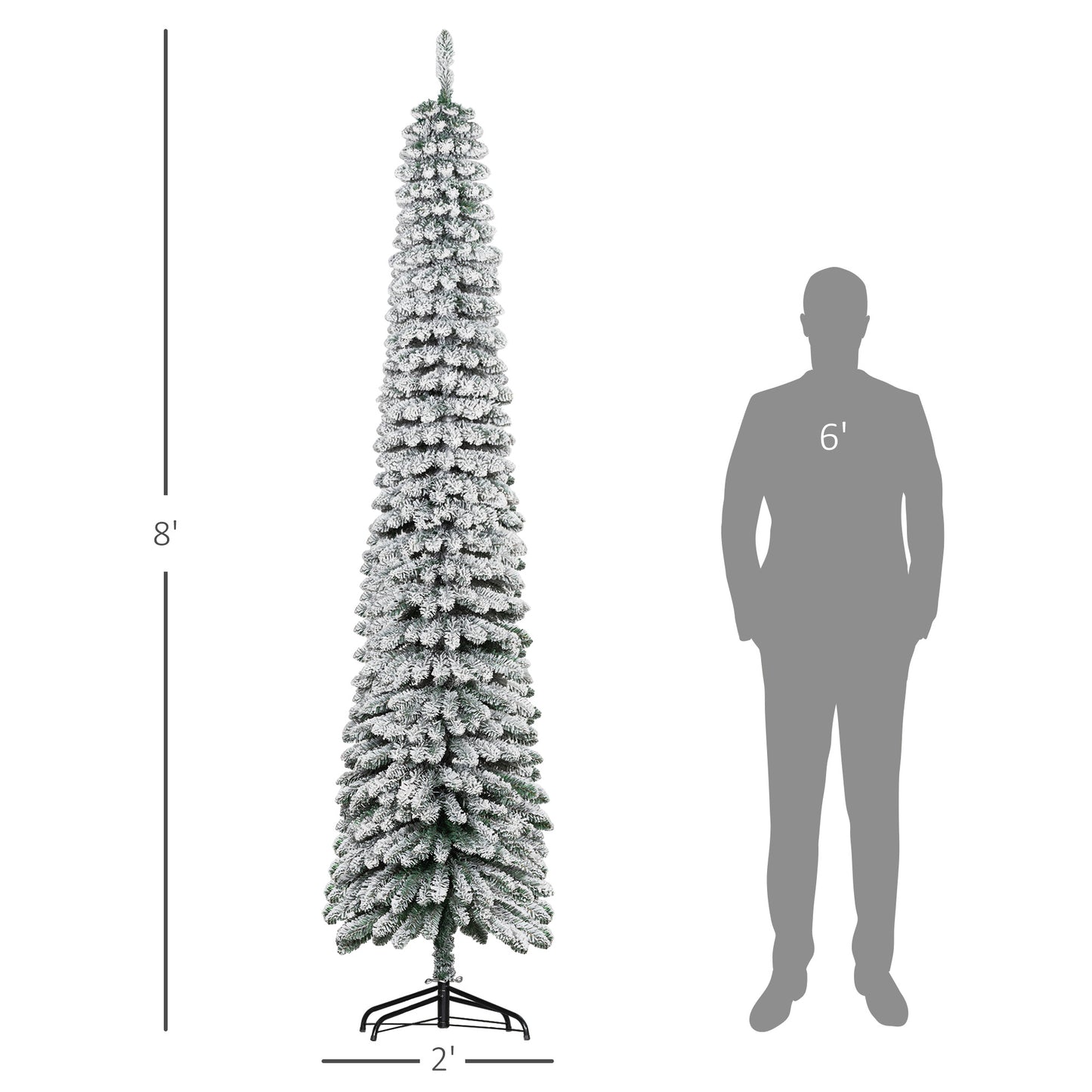 8ft Snow Flocked Slim Pencil Christmas Tree - Green, 603 Tips