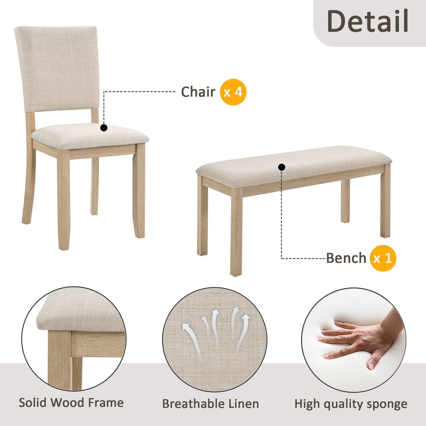 6-Piece Wooden Dining Table Set with Bench & Upholstered Chairs