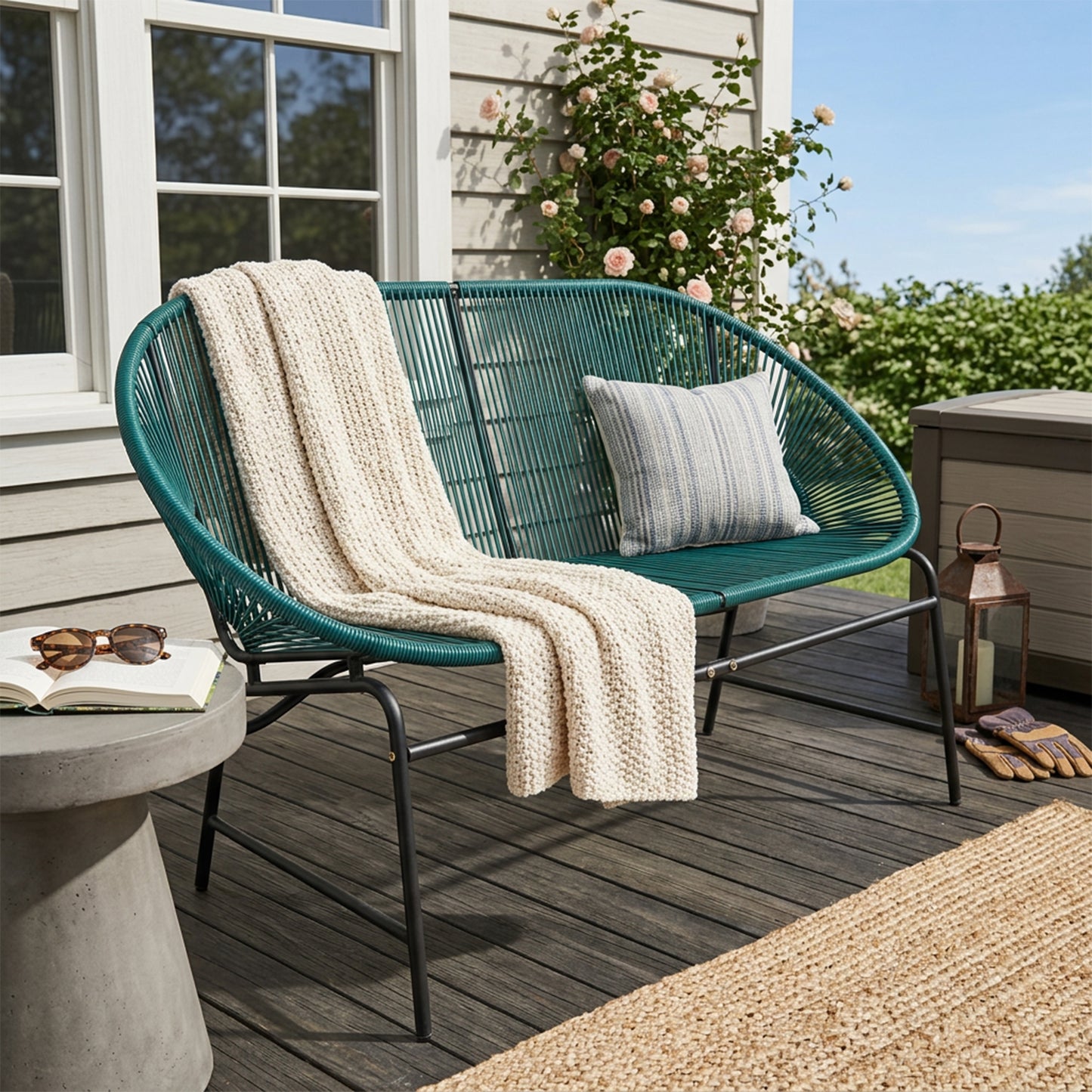 CONDESSA OUTDOOR PATIO WICKER LOVE SEAT, GREEN PE RATTAN & IRON