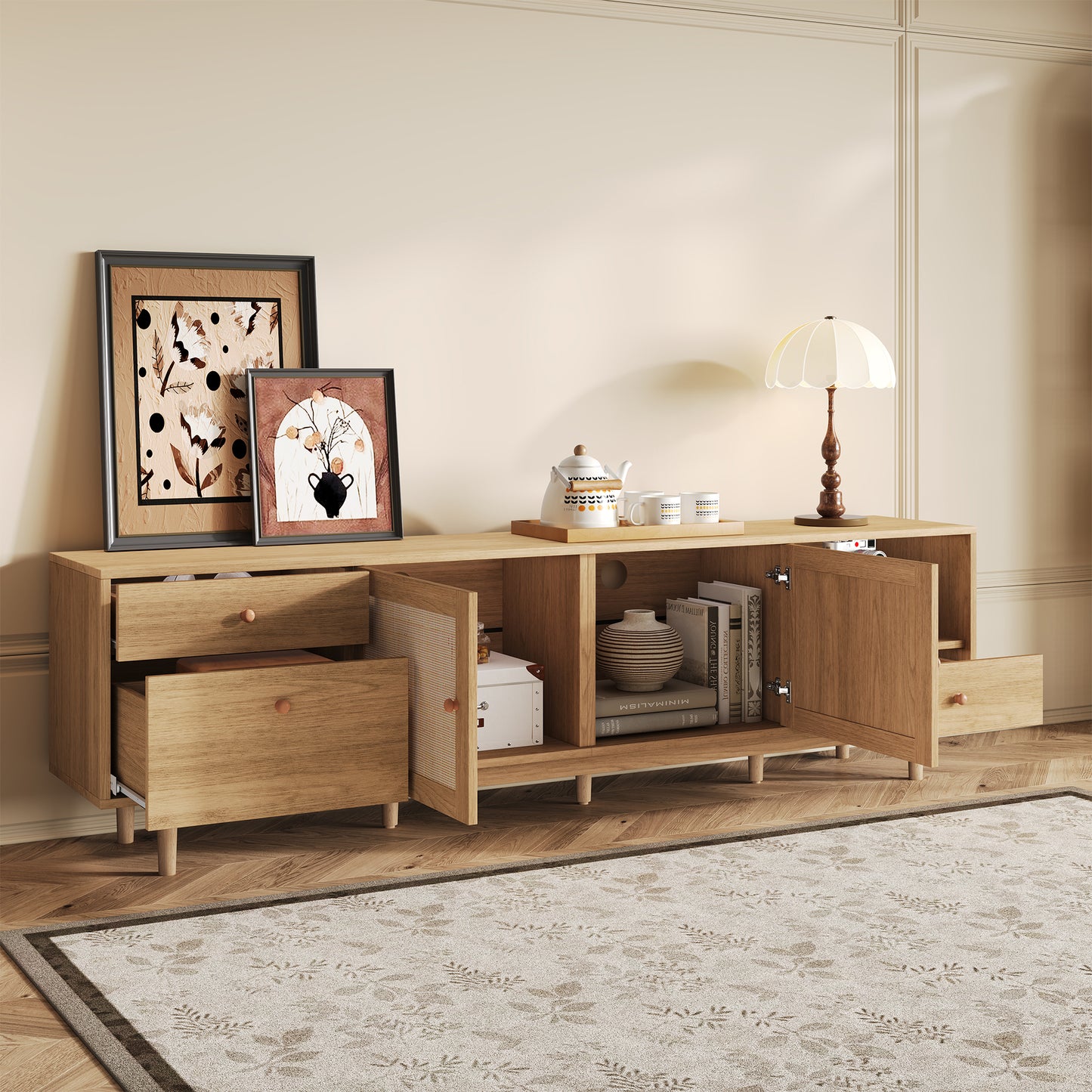 Boho TV Stand for 65-85 Inch TVs - Modern Wood Media Console with Rattan