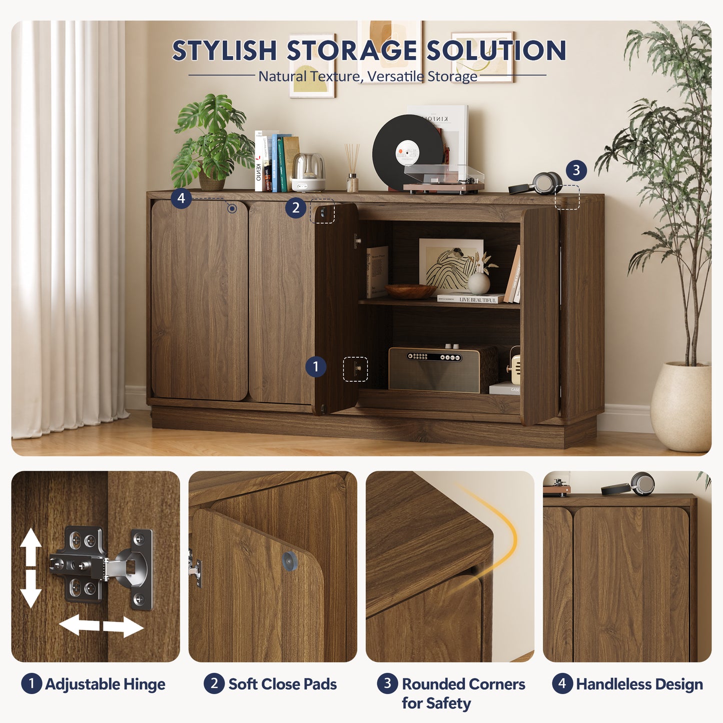 59.1" Walnut 4-Door Sideboard Buffet Cabinet with Adjustable Shelves