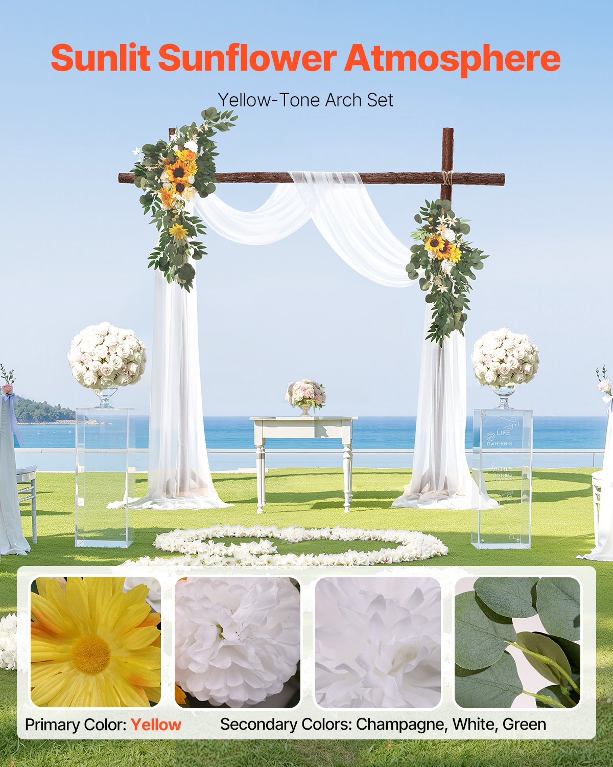 Artificial Wedding Arch Flowers Kit with 21ft Draping Fabric for Wedding Ceremony & Reception - Sunflower