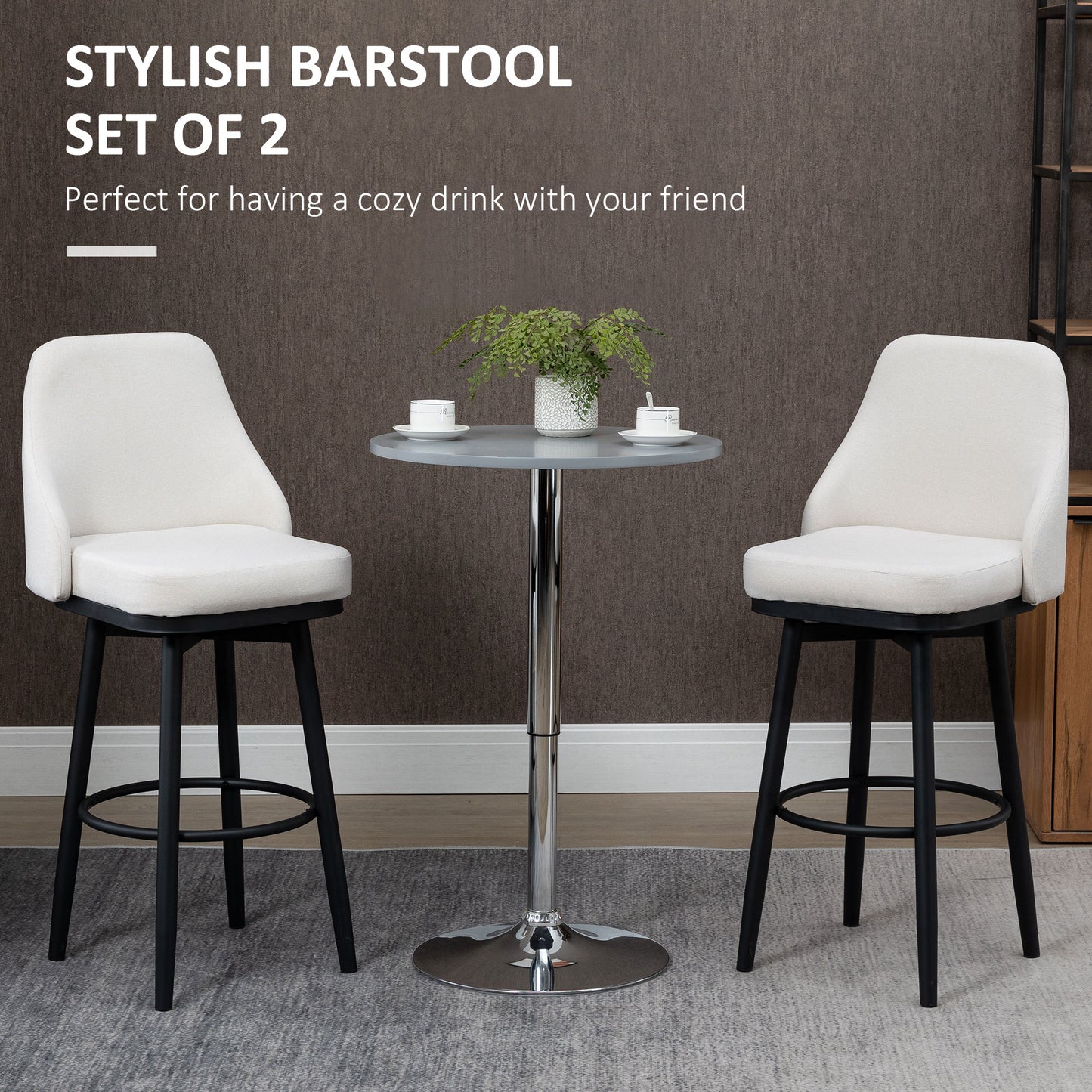 Set of 2 Cream White Bar Height Stools with 360° Swivel