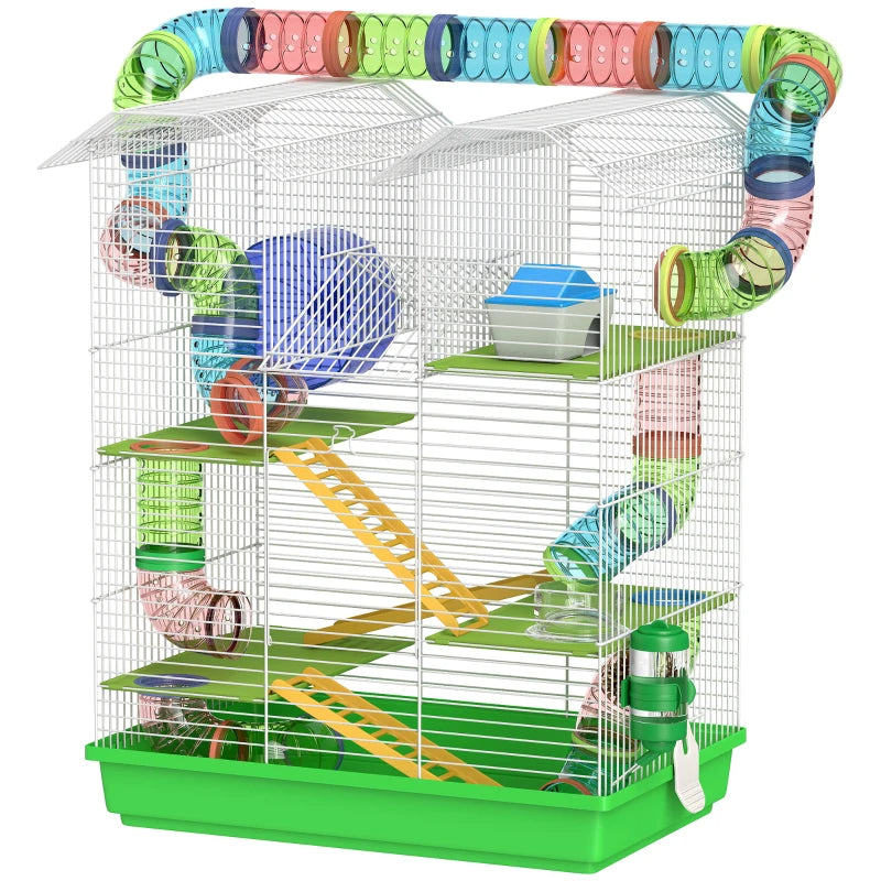 Small Animal Hamster Cage with Tunnels Water Bottle and Accessories - Green