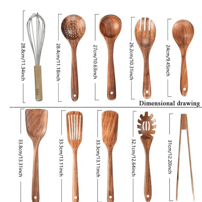 Wooden Kitchen Spatula Set - Long Handle Teak Turners, 10 Pieces