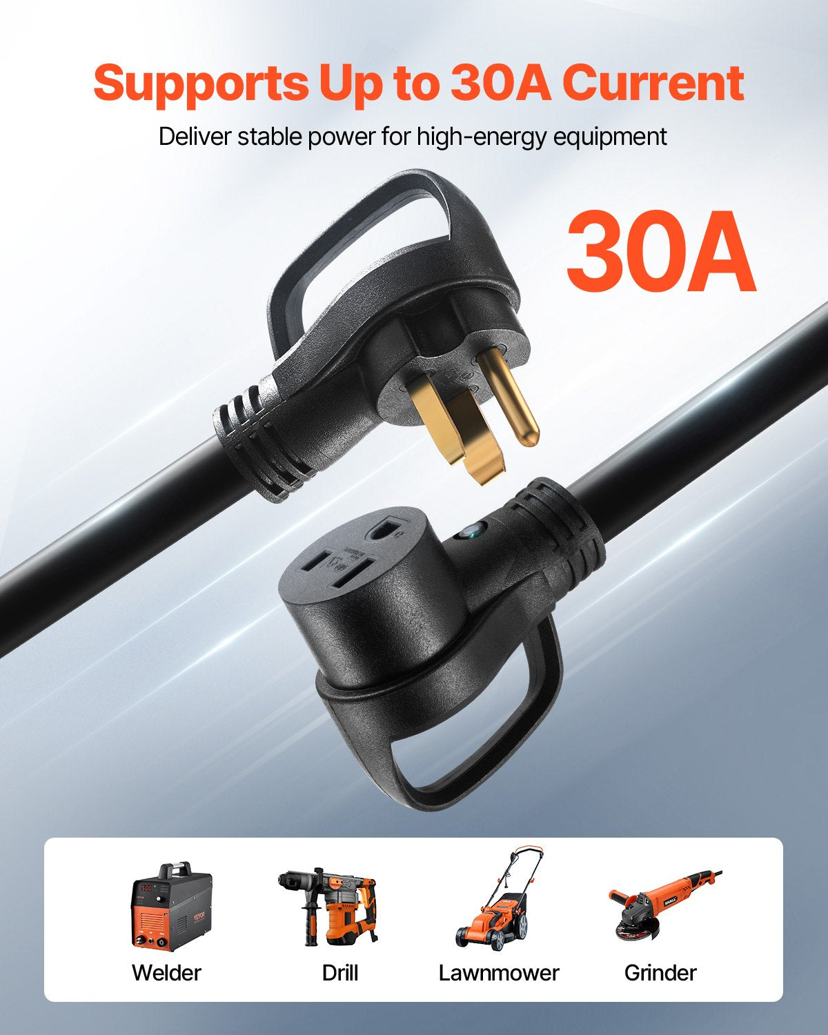 30A Generator Extension Cord 25 Ft Power Cable 250V NEMA 6-50P to 6-50R Heavy Duty Black