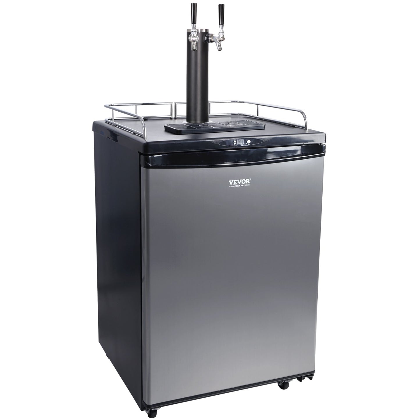 Silver Dual Tap Beer Kegerator Dispenser with Full-Size Keg Fridge, CO2 & Shelves