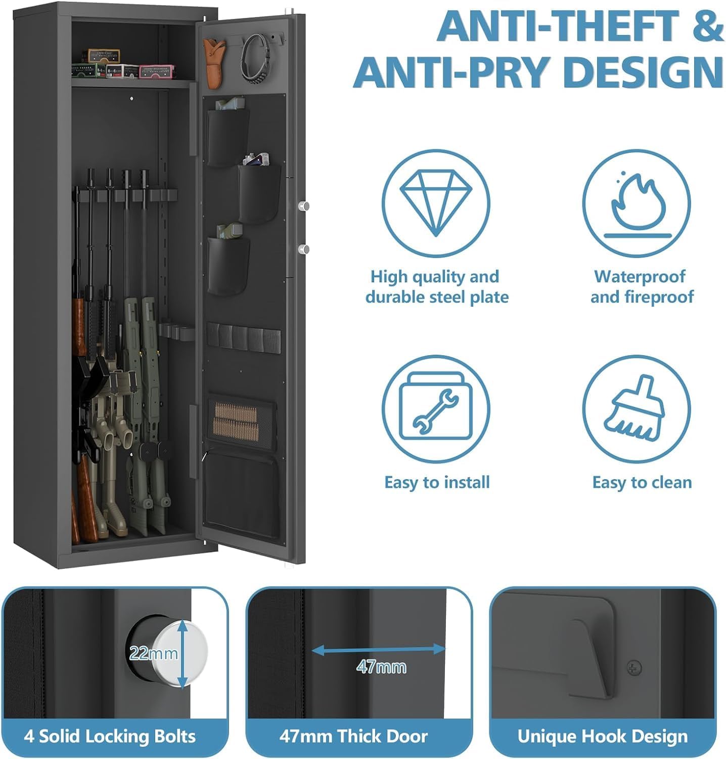 Biometric Gun Safe For Rifles And Pistols, 12-15 Large Cabinet With