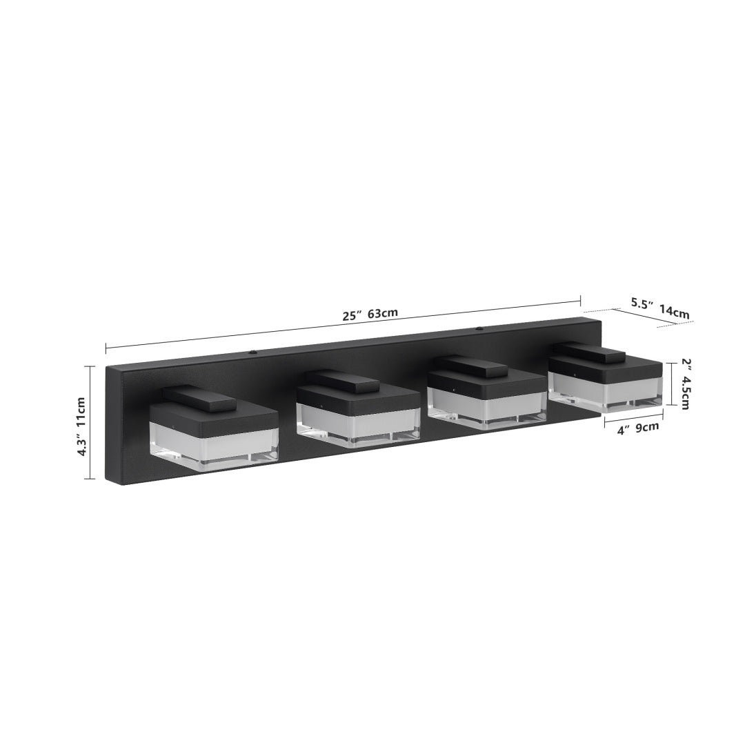 Dimmable Black Bathroom Vanity Light Fixture - 4 Lights, 24W LED