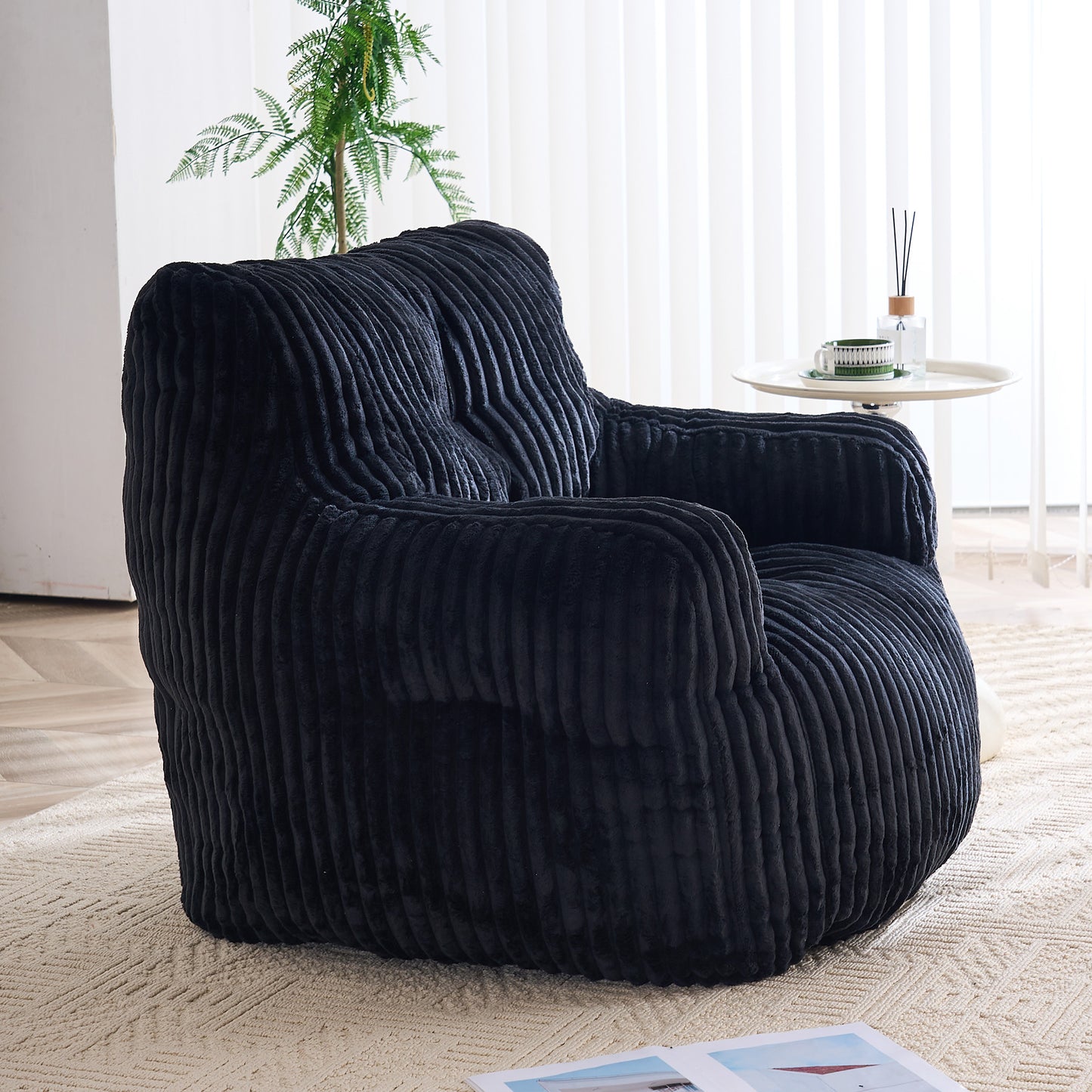 Soft Fluffy Corduroy Bean Bag Chair with Memory Foam - Black