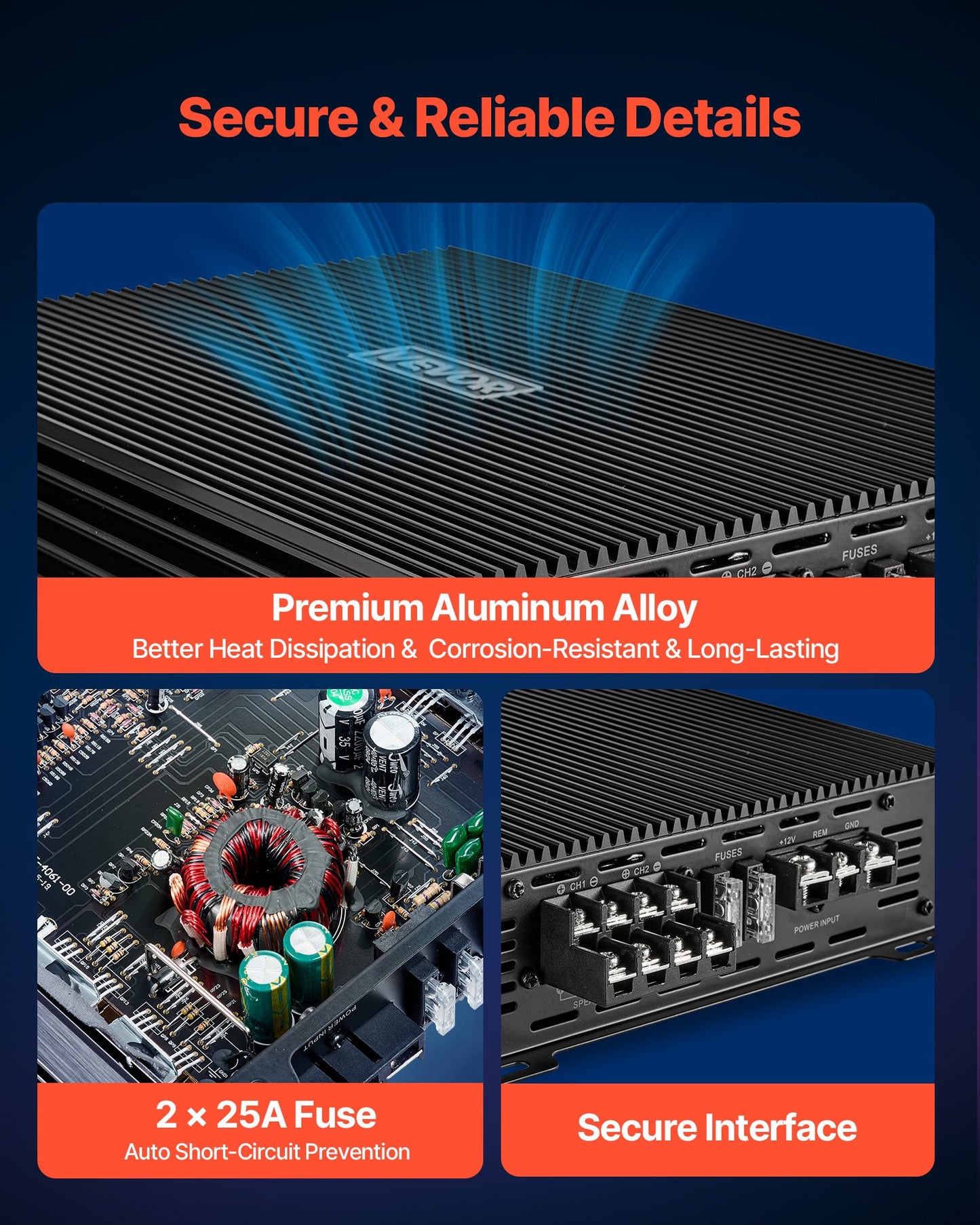 4 Channel Car Audio Amplifier 2 Ohm Stable Class A/B Max Power 200W x 4