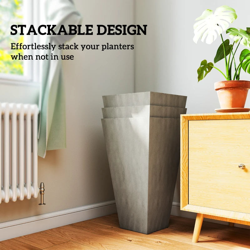 Set of 3 Tall Outdoor & Indoor Planters - 28 Inch Grey Tapered Pots with Drainage