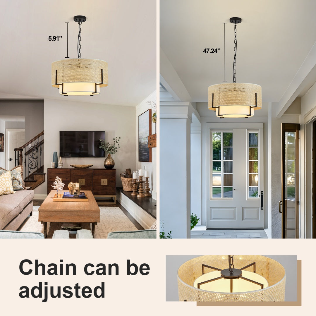 19.7in Farmhouse Boho Rattan Chandelier with Fabric Shade - 4-Light Pendant Light for Dining Room Kitchen Bedroom