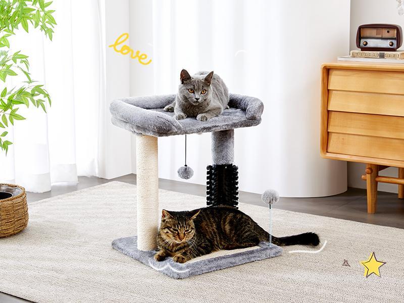 Small 4-in-1 Cat Tree Tower with Self-Grooming Brush & Sisalg Scratching Post - Grey