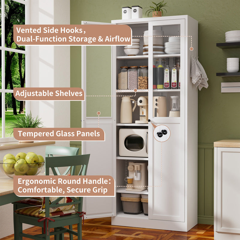 72-Inch White Metal Pantry Cabinet with Adjustable Shelves