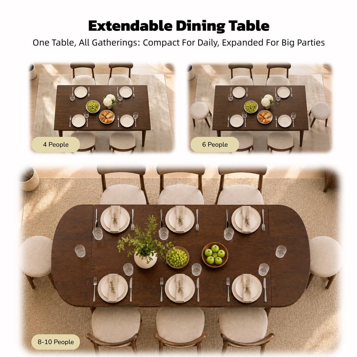 Extendable Solid Wood Dining Table for 4-10 People - Walnut