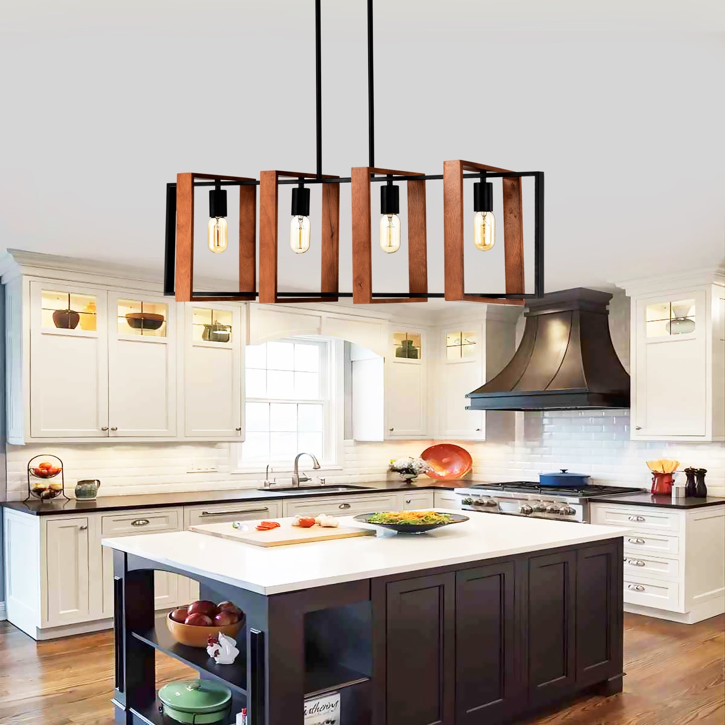 4-Light Farmhouse Pendant Light Fixture with Wooden Finish - Rustic Modern Chandelier for Kitchen & Dining