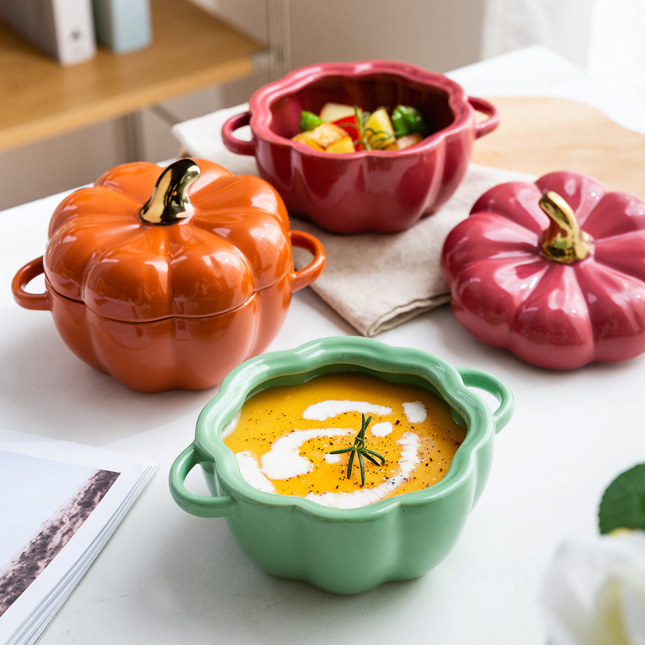 Binaural Ceramic Salad Soup Bowl with Lid - Japanese Style Porcelain Kitchenware