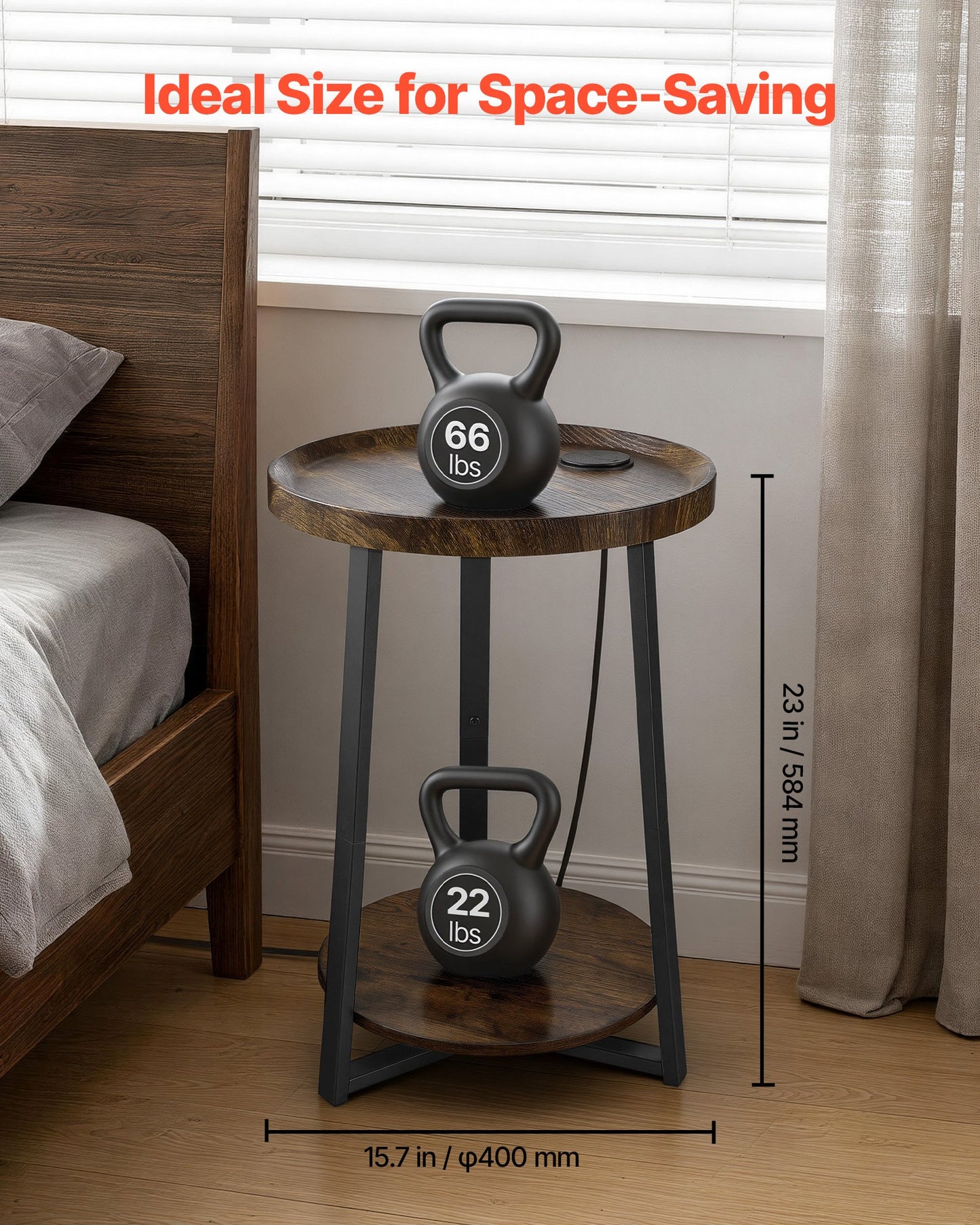 2-Tier Round Side Table with USB & AC Charging Port - Modern Nightstand for Living Room & Bedroom