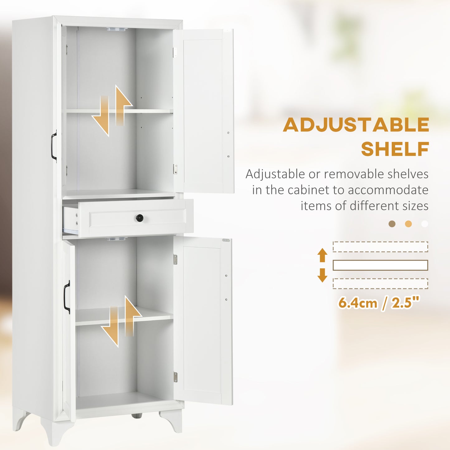 67-Inch White Kitchen Pantry with Drawer & Adjustable Shelves