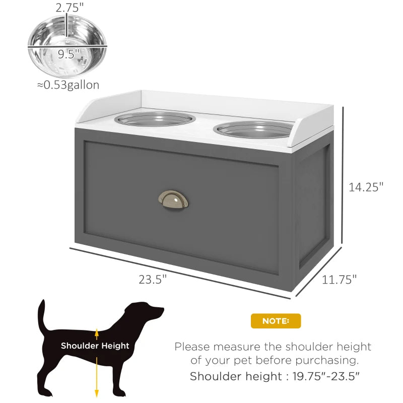 Elevated Pet Feeding Station with Storage - Large Dog Bowls, Gray