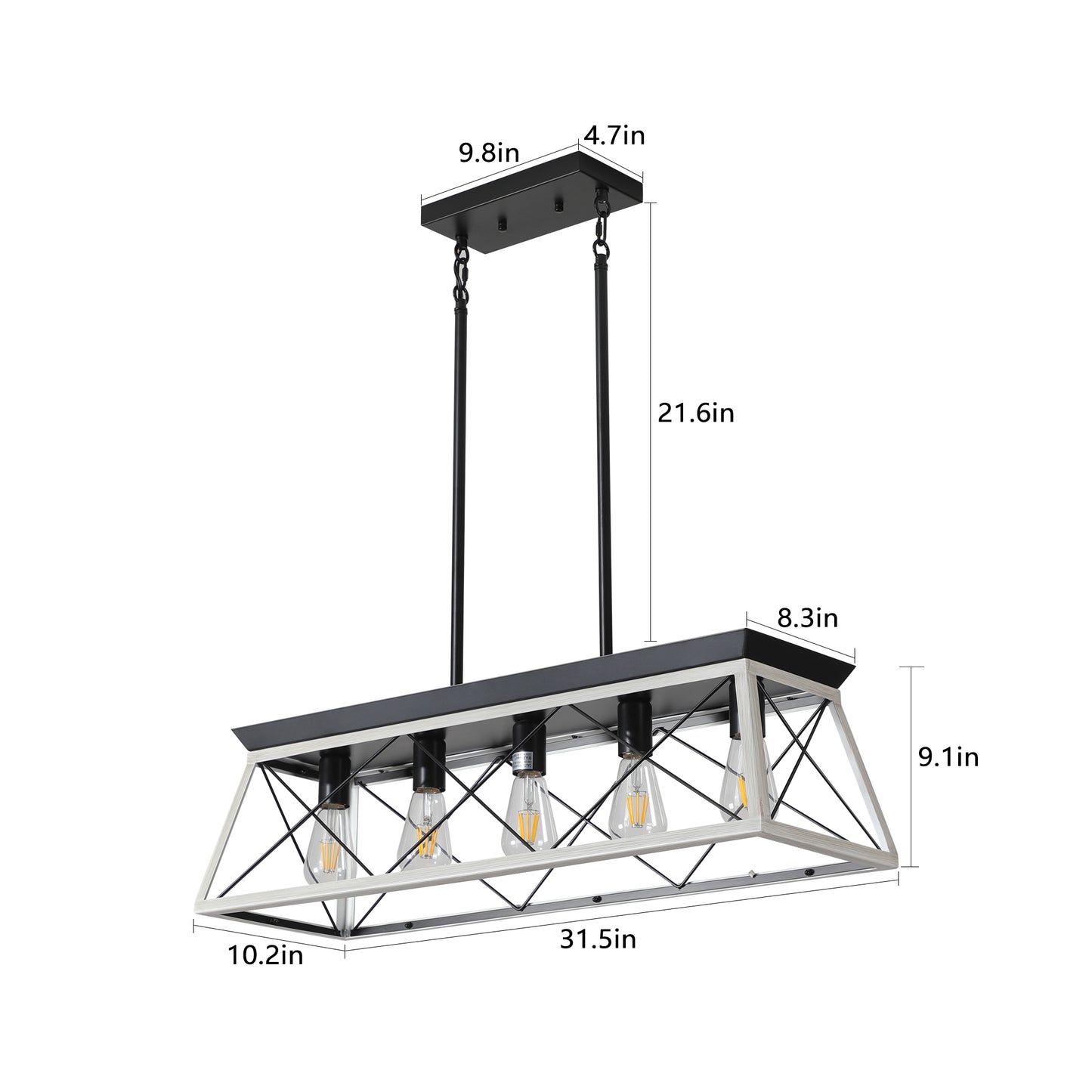 32-Inch Black & White Industrial 5-Light Pendant Chandelier - Adjustable Hanging Light