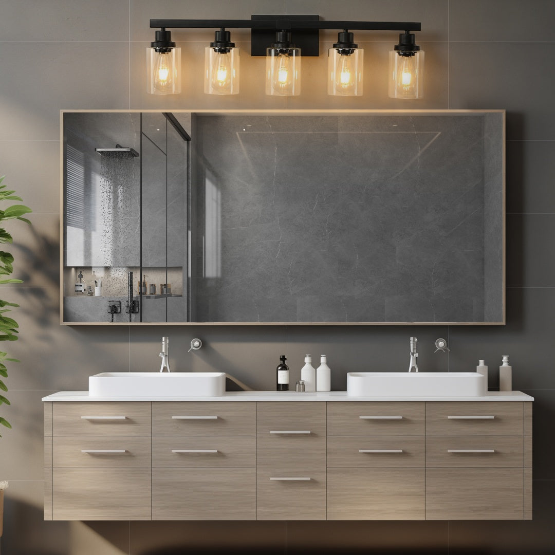 5-Light Black Bathroom Vanity Light Fixture with Glass Shades