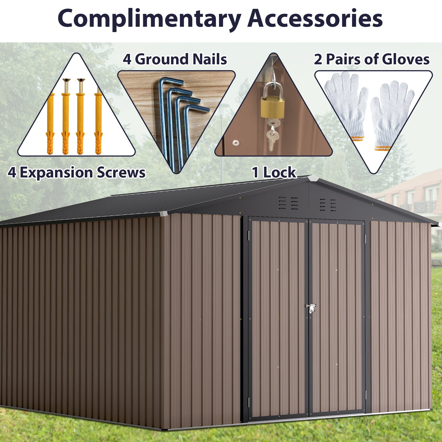 10' x 10' Metal Garden Storage Shed with Lockable Doors - Brown