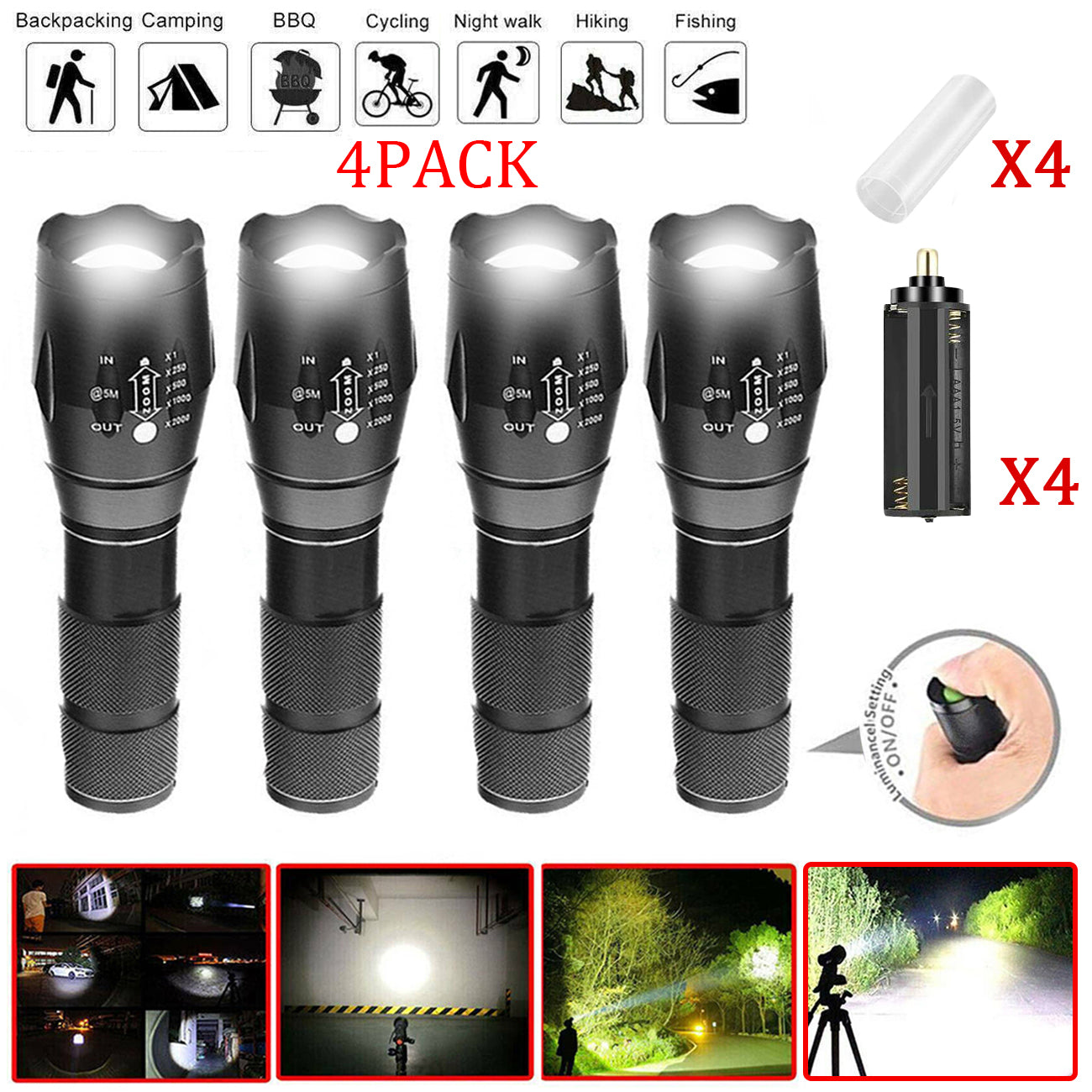 4 Pack High Power LED Flashlights Super Bright Torch Work Light Camping Lamp