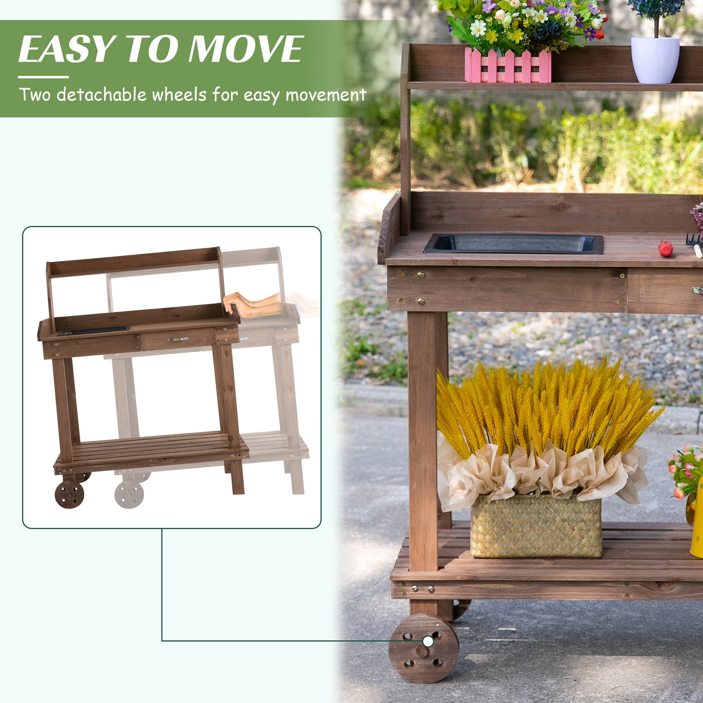 Wooden Potting Bench Work Table with Sink, Drawer, Wheels, Large Storage - Brown