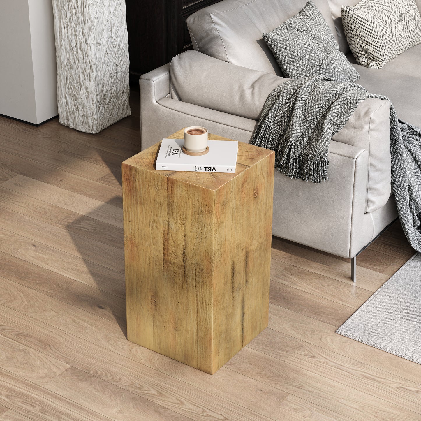 Wood-Look Square-Column MGO End Table, H27.75 ,Wood-Like Distressed