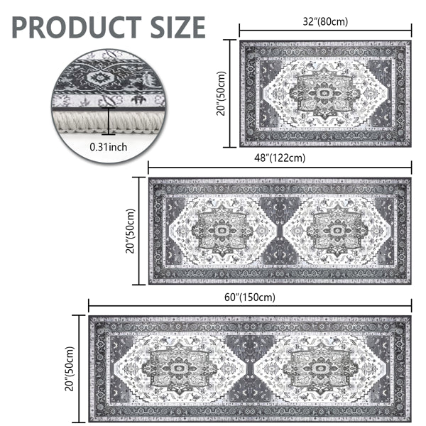 Boho Kitchen Rug Set 3 Piece with Runner - Non-Slip, Washable