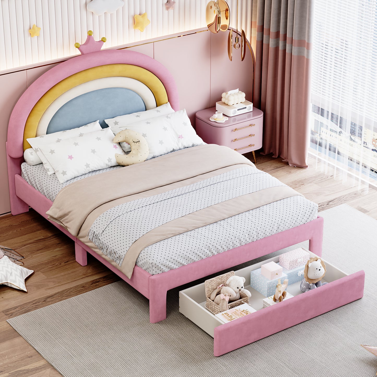 Full Size Upholstered Rainbow Design Bed, Velvet Princess Platform