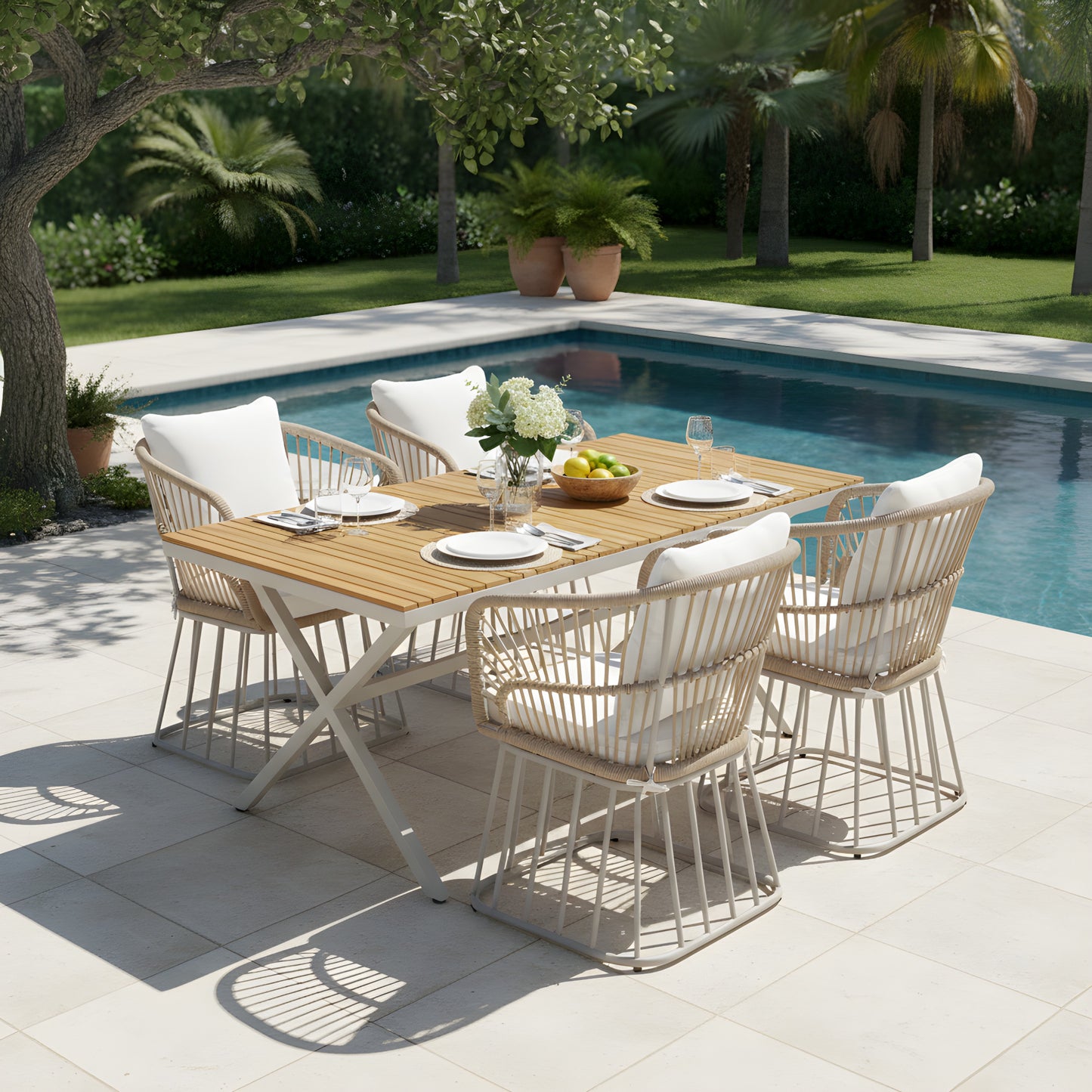 Outdoor 5-Piece Dining Set - Rectangular Teak Wood Table 4 Wicker