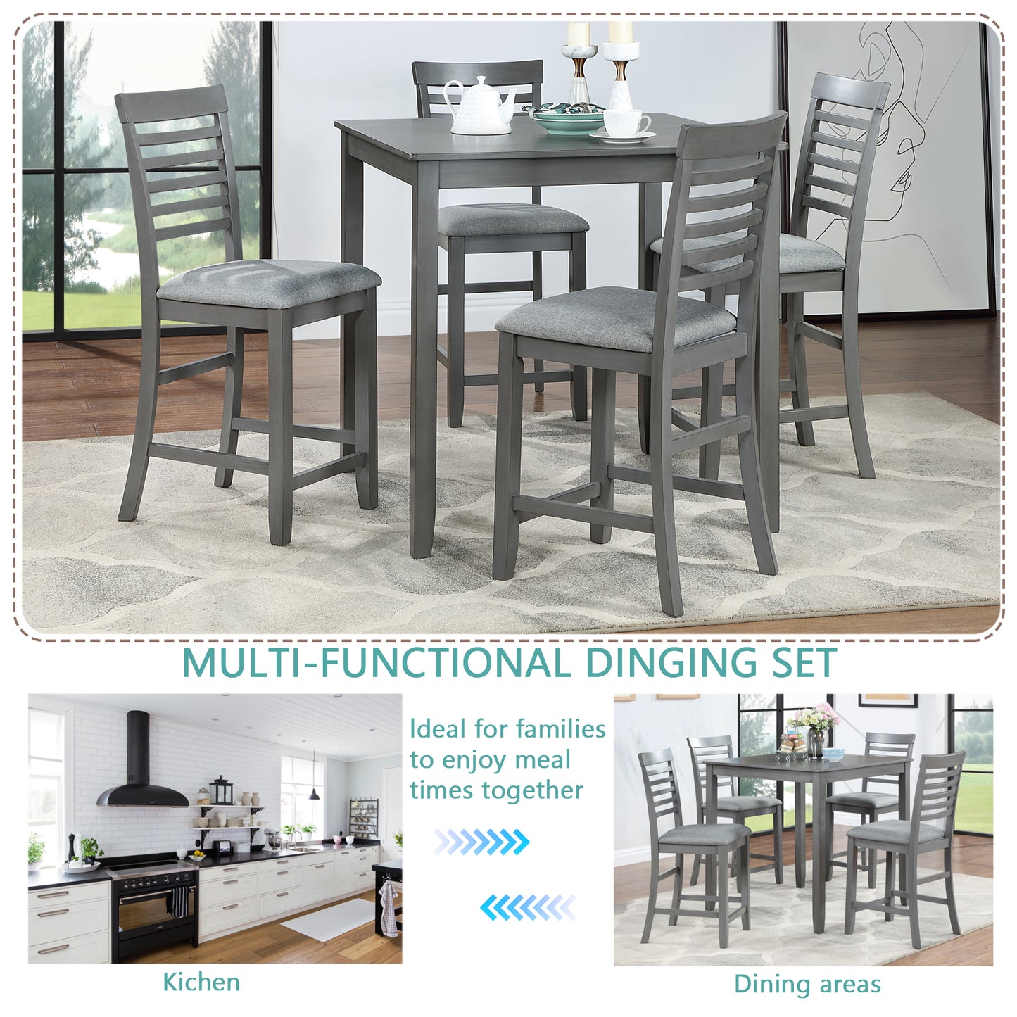 5-Piece Counter Height Dining Table Set with 4 Chairs - Gray
