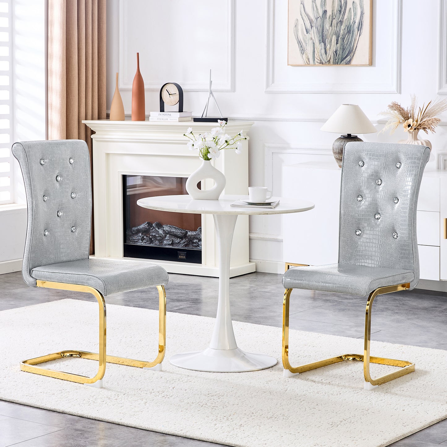 Set Of 2,Retro Alligator Skin Upholstered Dining Chairs,with Crystal
