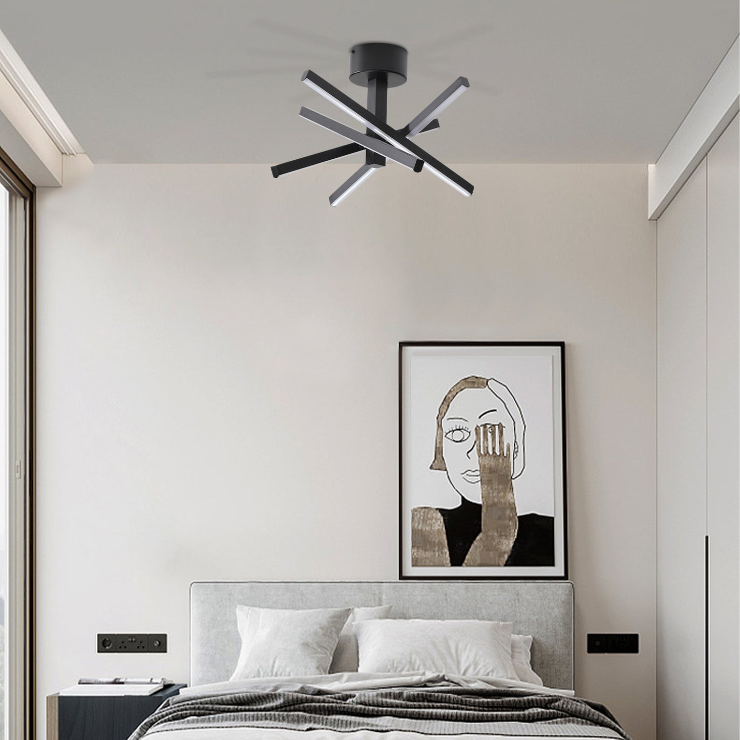 12 Inch LED Ceiling Light - Geometric Starburst Design, Black Finish