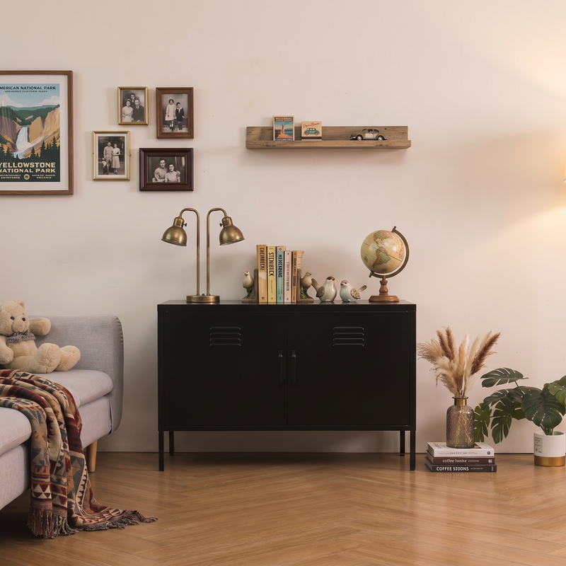 Black 2-Door Metal Storage Cabinet with Adjustable Legs