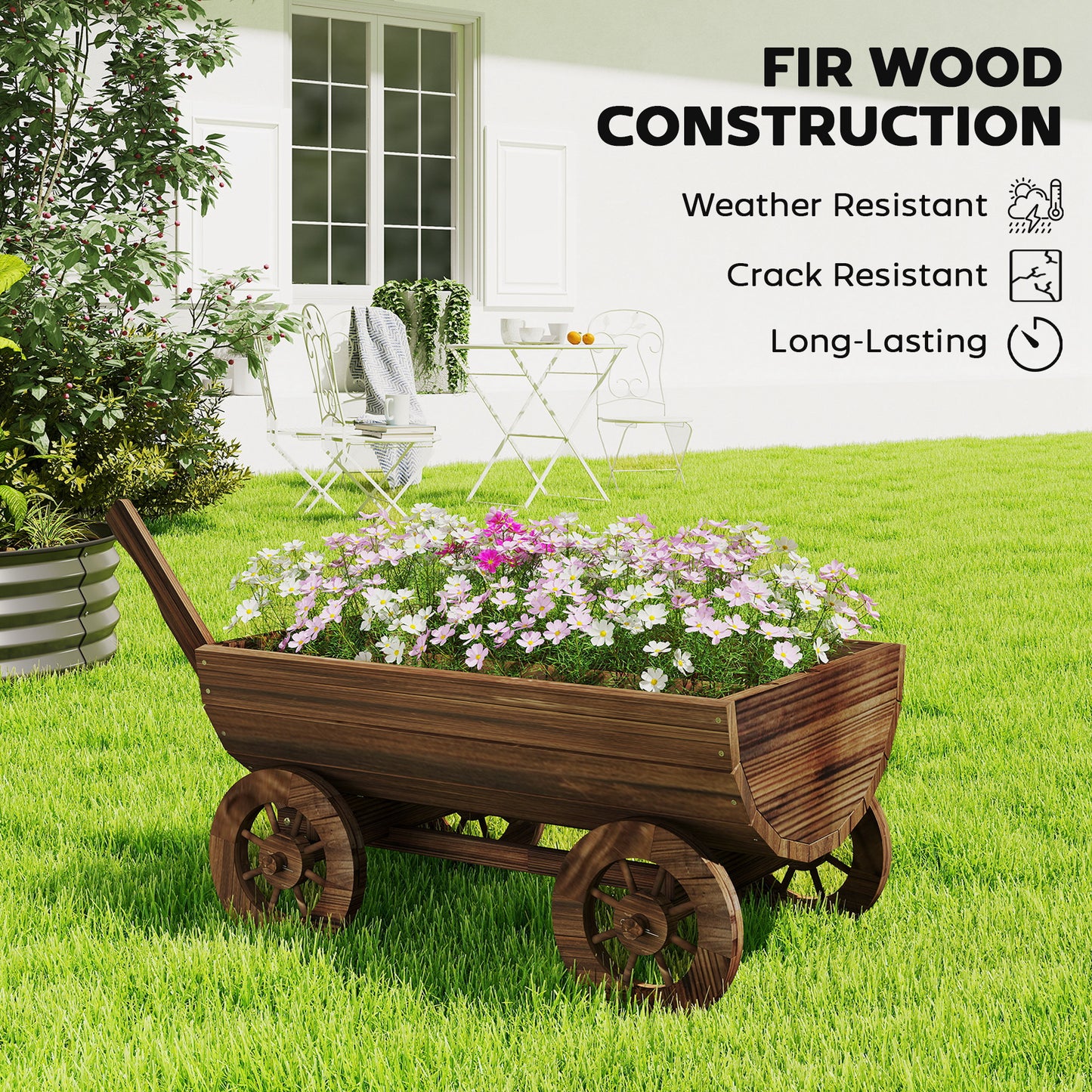 Wooden Wagon Planter Box with Wheels - Rustic Garden Flower Cart, Drainage Hole, Small Size